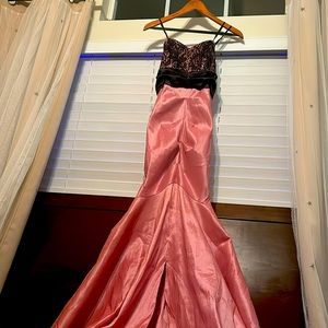 Blush pink strapless mermaid style prom/formal gown with black lace accent